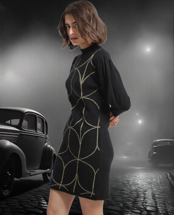 Whisper Black Viscose Fabric 3/4Th Sleeves Turtle Neck Balloon Sleeve Regular Fit Geometric Print Knee Length Sweater