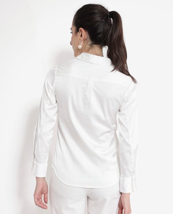 White Cuffed Sleeve Regular Collar Plain Shirt