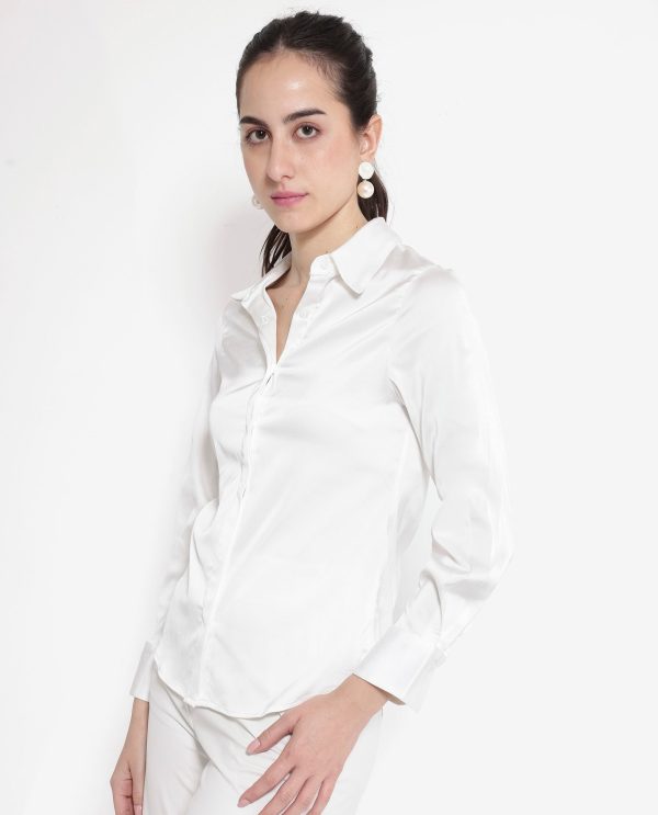 White Cuffed Sleeve Regular Collar Plain Shirt