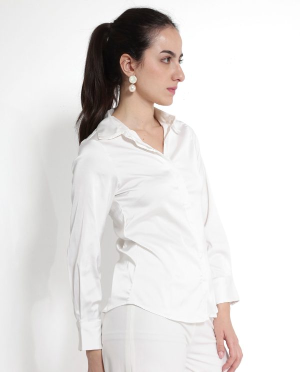 White Cuffed Sleeve Regular Collar Plain Shirt
