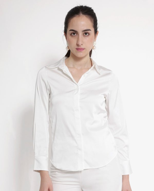 White Cuffed Sleeve Regular Collar Plain Shirt