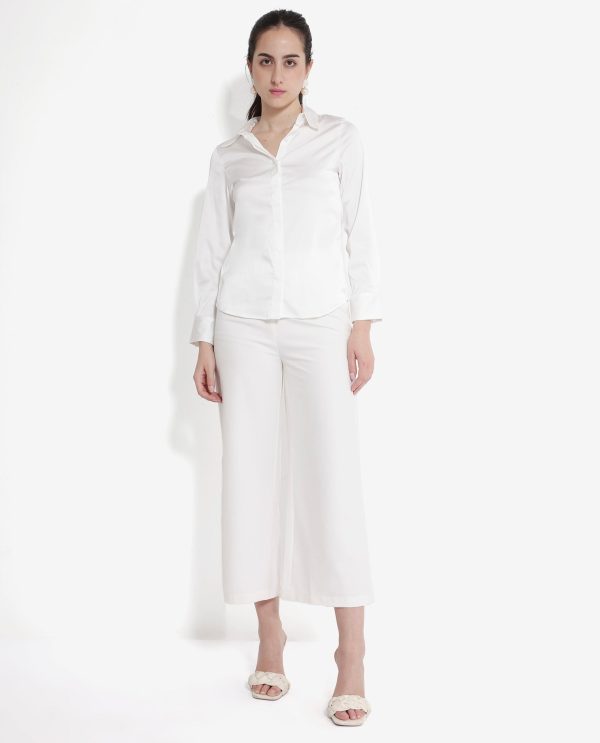 White Cuffed Sleeve Regular Collar Plain Shirt