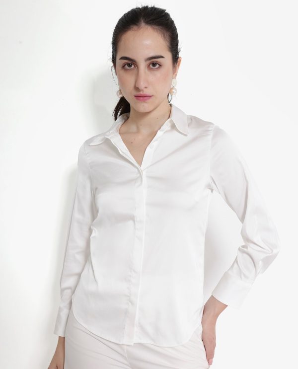 White Cuffed Sleeve Regular Collar Plain Shirt