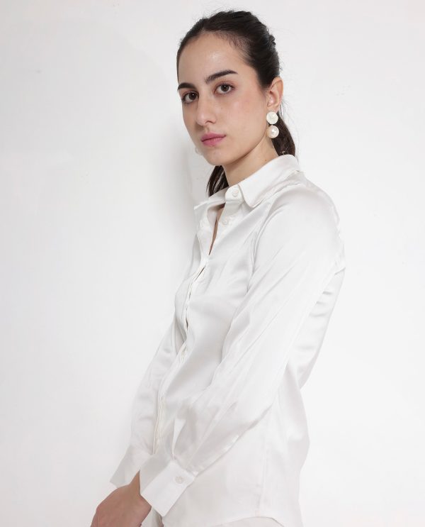 White Cuffed Sleeve Regular Collar Plain Shirt