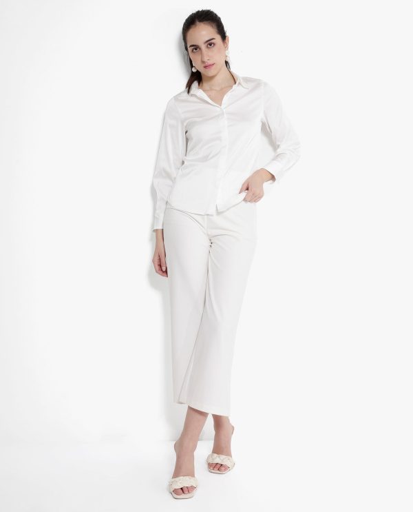 White Cuffed Sleeve Regular Collar Plain Shirt