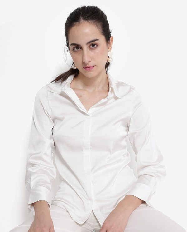 White Cuffed Sleeve Regular Collar Plain Shirt