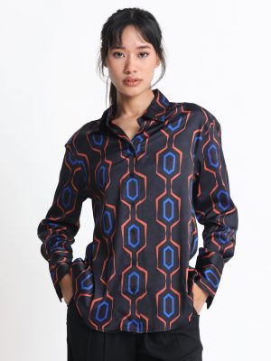 Black Button Closure Shirt Collar Regular Fit Geometric Print Shirt