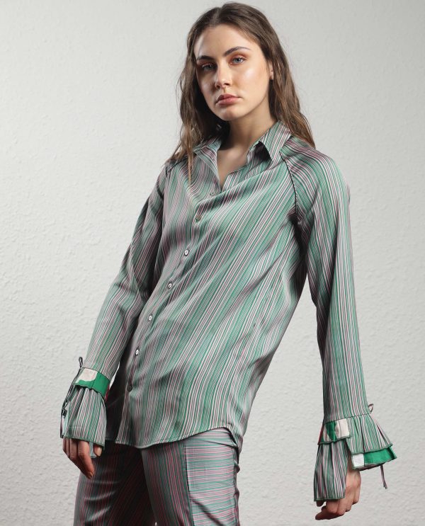 Pink Full Sleeves Button Closure Shirt Collar Ruffled Sleeves Regular Fit Striped Top