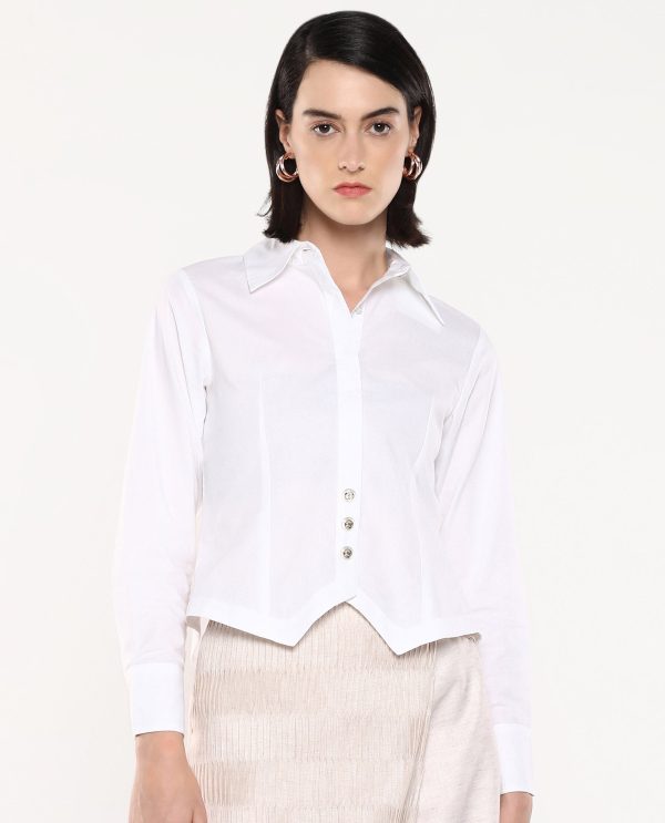 White Cuffed Sleeves Collared Collar Button Closure Plain Shirt