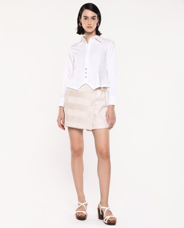 White Cuffed Sleeves Collared Collar Button Closure Plain Shirt