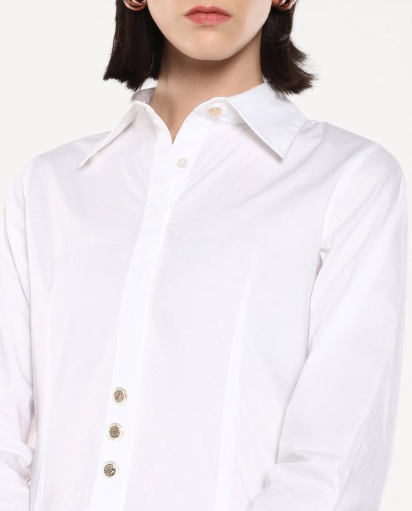 White Cuffed Sleeves Collared Collar Button Closure Plain Shirt