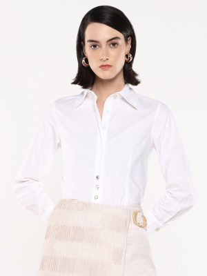 White Cuffed Sleeves Collared Collar Button Closure Plain Shirt