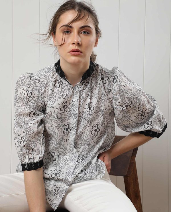 White Puff Sleeve Regular Fit Floral Print Top