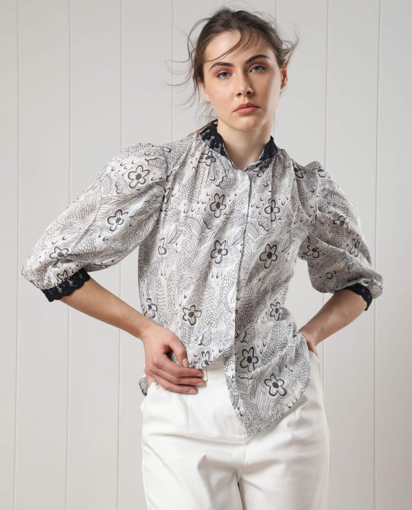 White Puff Sleeve Regular Fit Floral Print Top