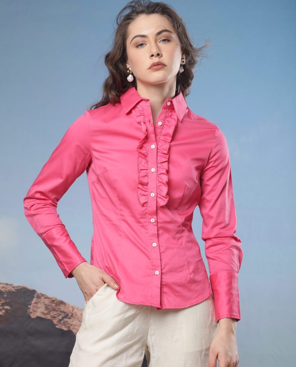 Light Pink Cotton Fabric Regular Fit Shirt Collar Full Sleeves Solid Top