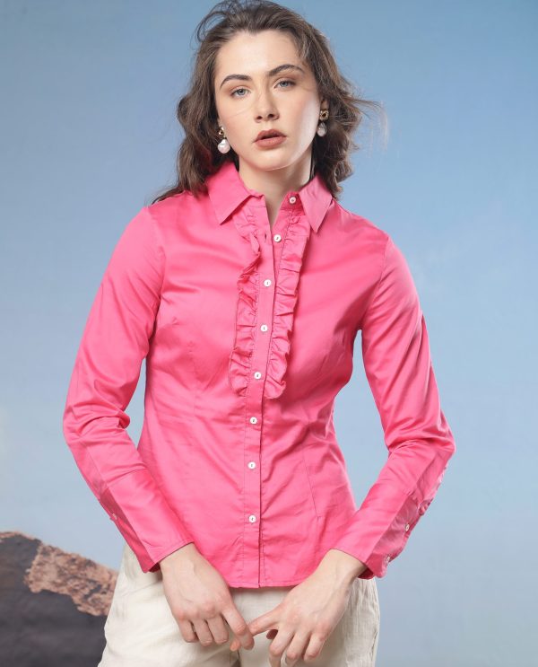 Light Pink Cotton Fabric Regular Fit Shirt Collar Full Sleeves Solid Top