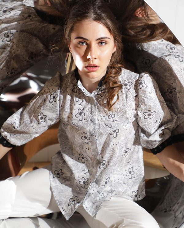 White Puff Sleeve Regular Fit Floral Print Top