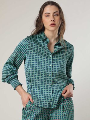 Green Polyester Fabric Full Sleeves Button Closure Shirt Collar Relaxed Fit Geometric Print Top