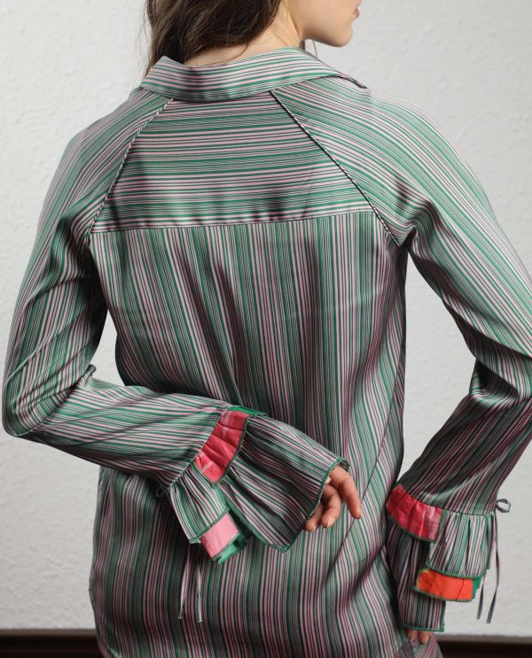 Pink Full Sleeves Button Closure Shirt Collar Ruffled Sleeves Regular Fit Striped Top