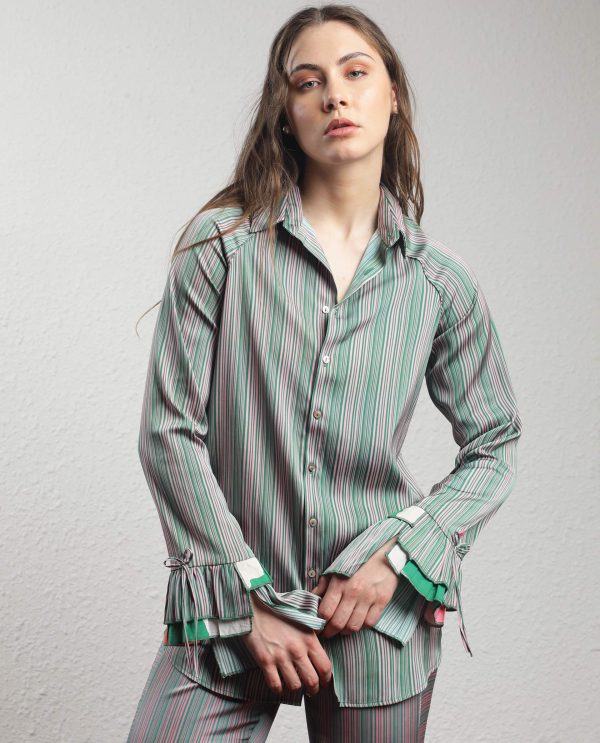Pink Full Sleeves Button Closure Shirt Collar Ruffled Sleeves Regular Fit Striped Top