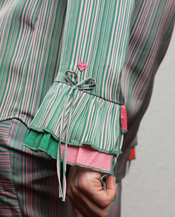 Pink Full Sleeves Button Closure Shirt Collar Ruffled Sleeves Regular Fit Striped Top