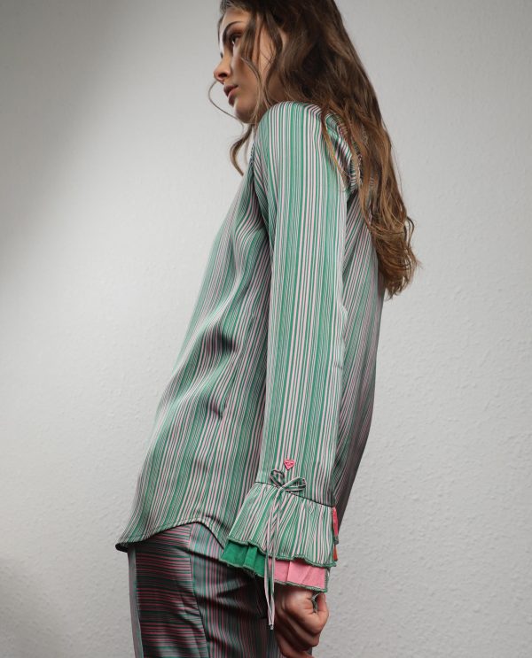 Pink Full Sleeves Button Closure Shirt Collar Ruffled Sleeves Regular Fit Striped Top