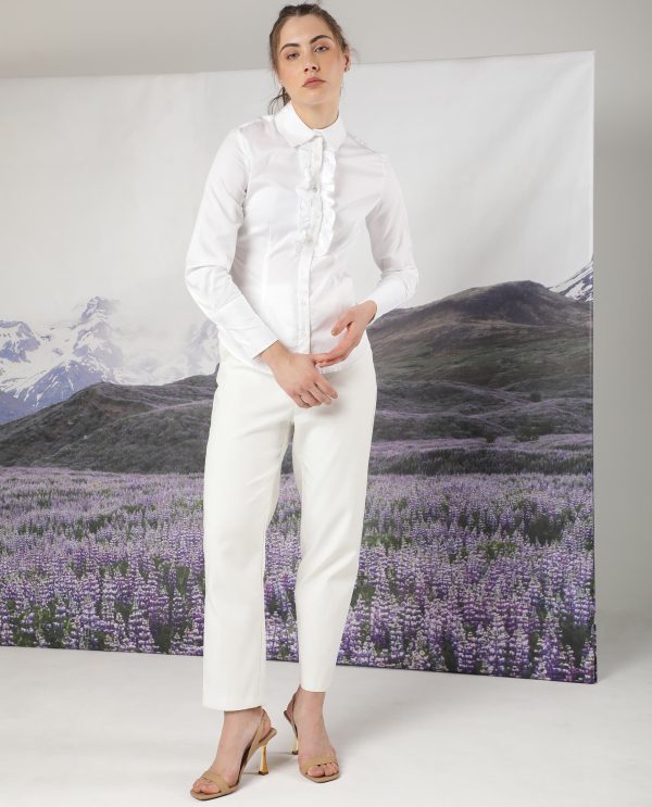 White Button Closure Shirt Collar Regular Fit Plain Top