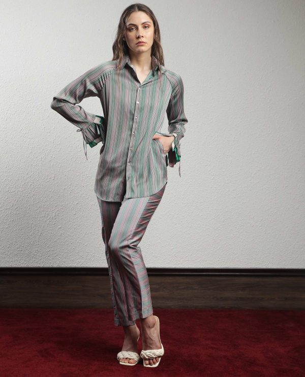 Pink Full Sleeves Button Closure Shirt Collar Ruffled Sleeves Regular Fit Striped Top