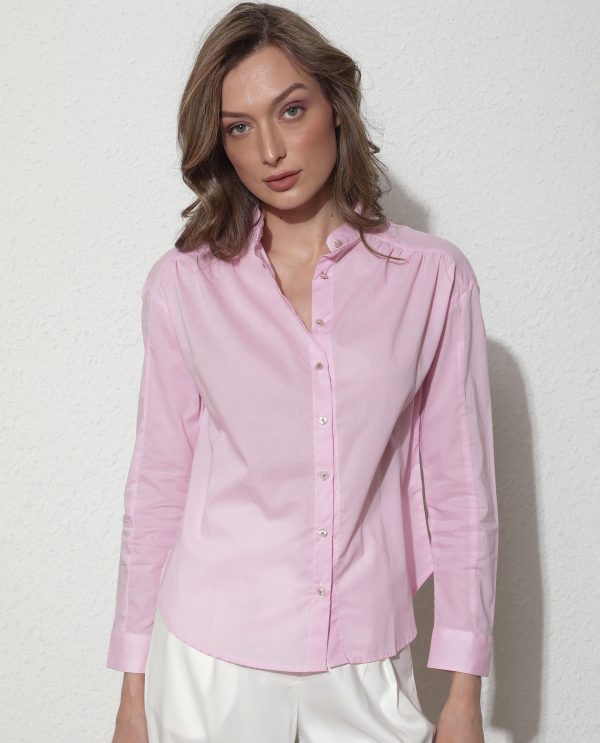 Purple Cotton Fabric Full Sleeves Button Closure Band Collar Regular Fit Plain Shirt