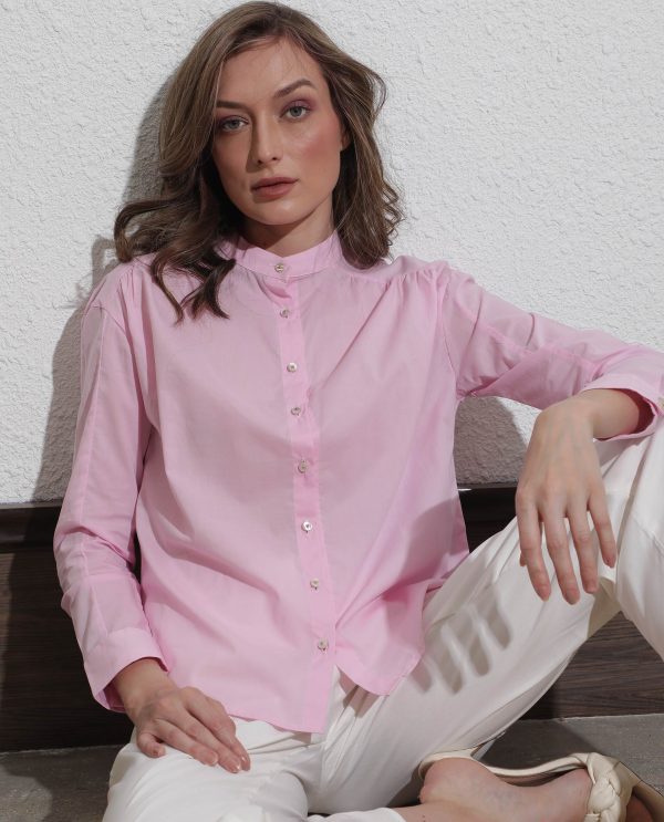 Purple Cotton Fabric Full Sleeves Button Closure Band Collar Regular Fit Plain Shirt