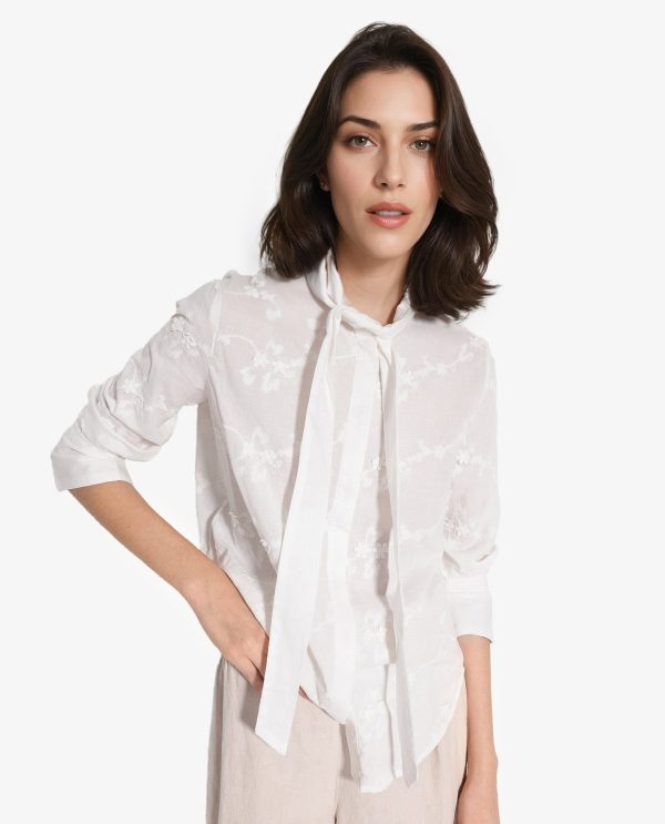 White Cotton Fabric Cuffed Sleeves Tie Up Neck Plain Shirt