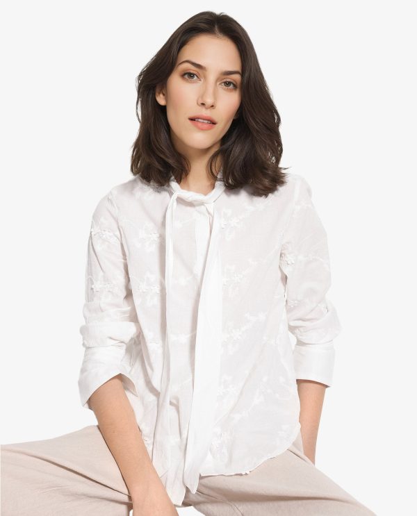 White Cotton Fabric Cuffed Sleeves Tie Up Neck Plain Shirt