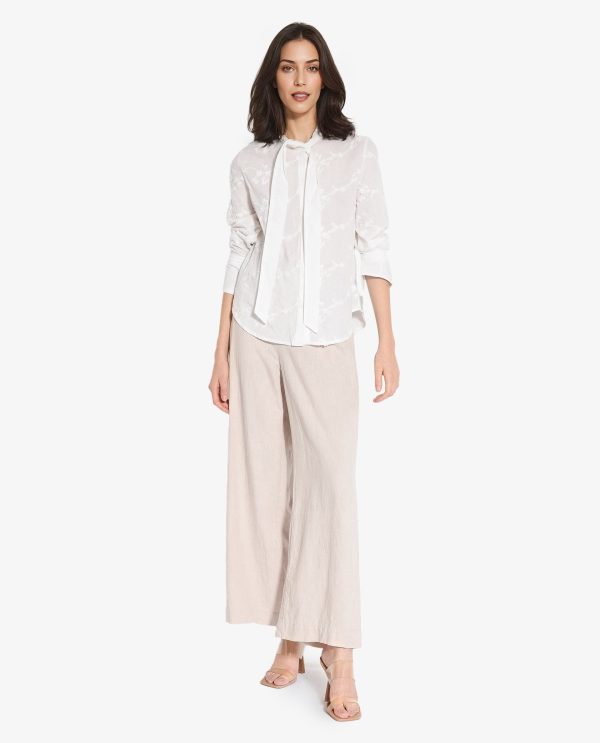 White Cotton Fabric Cuffed Sleeves Tie Up Neck Plain Shirt