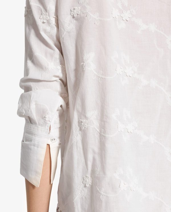 White Cotton Fabric Cuffed Sleeves Tie Up Neck Plain Shirt