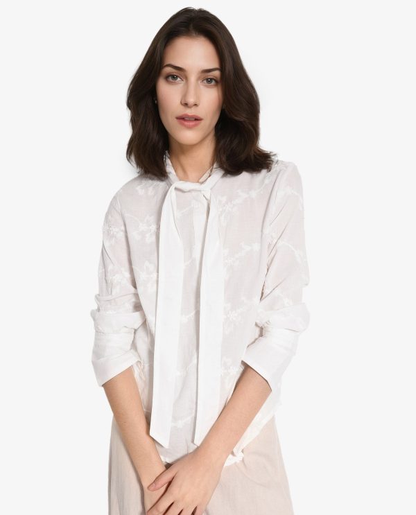 White Cotton Fabric Cuffed Sleeves Tie Up Neck Plain Shirt