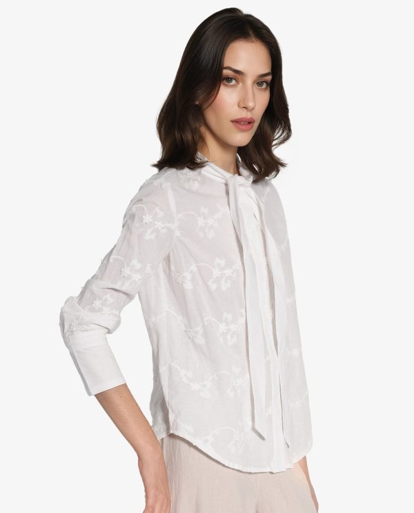 White Cotton Fabric Cuffed Sleeves Tie Up Neck Plain Shirt