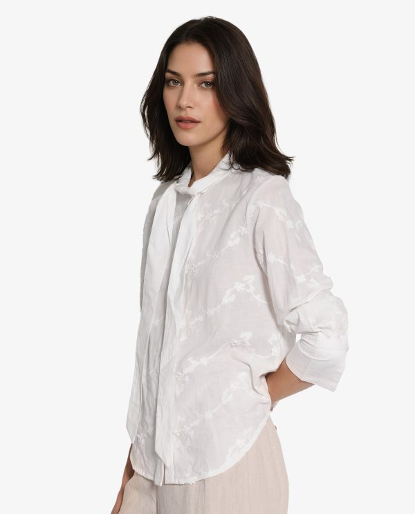 White Cotton Fabric Cuffed Sleeves Tie Up Neck Plain Shirt