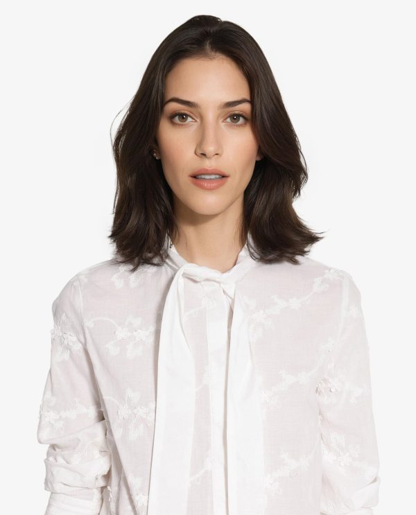 White Cotton Fabric Cuffed Sleeves Tie Up Neck Plain Shirt