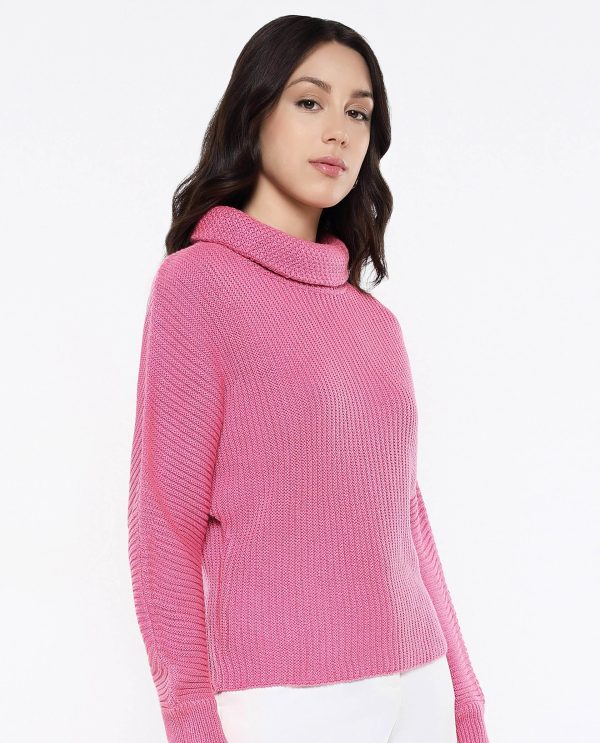 Aurora Pink Relaxed Fit Kimono Sleeve Turtle Neck Plain Sweater