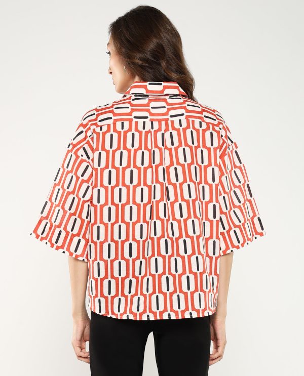 Collared Neck Button Closure Geometric Print Shirt