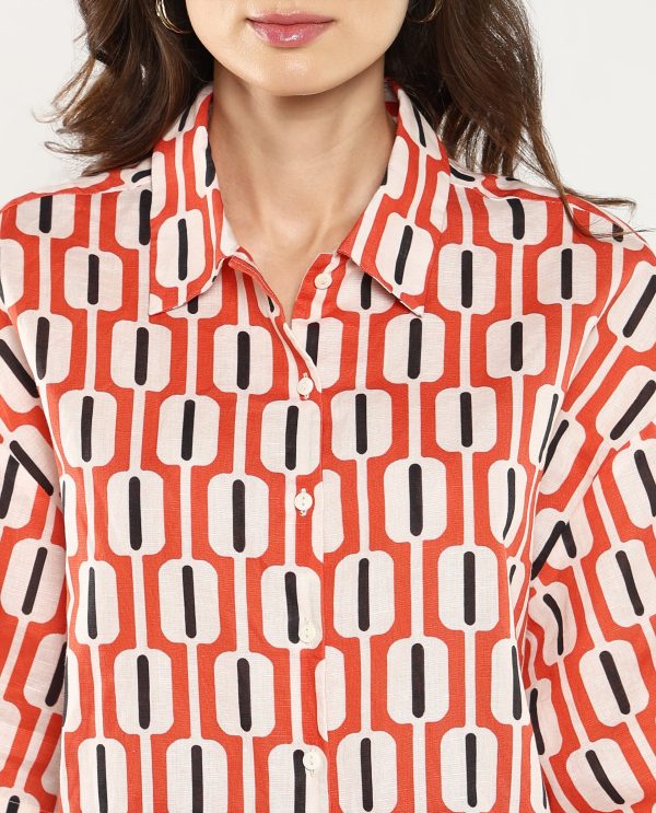 Collared Neck Button Closure Geometric Print Shirt