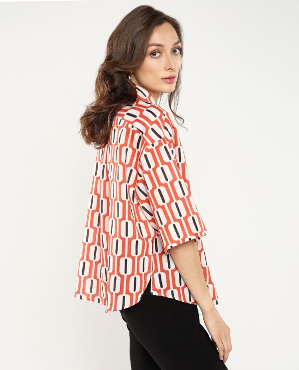 Collared Neck Button Closure Geometric Print Shirt