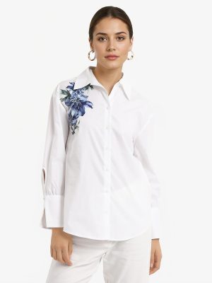 White Cuffed Sleeve Collared Neck Floral Print Shirt