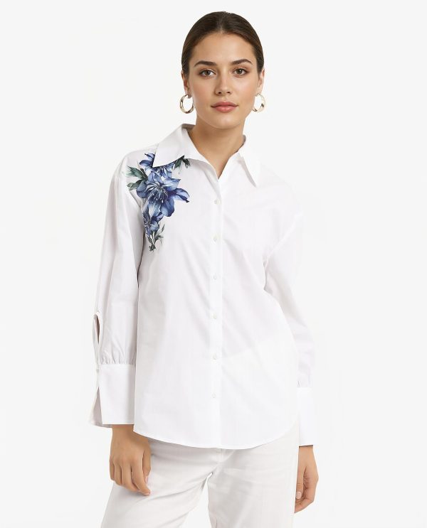 White Cuffed Sleeve Collared Neck Floral Print Shirt