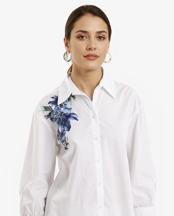 White Cuffed Sleeve Collared Neck Floral Print Shirt