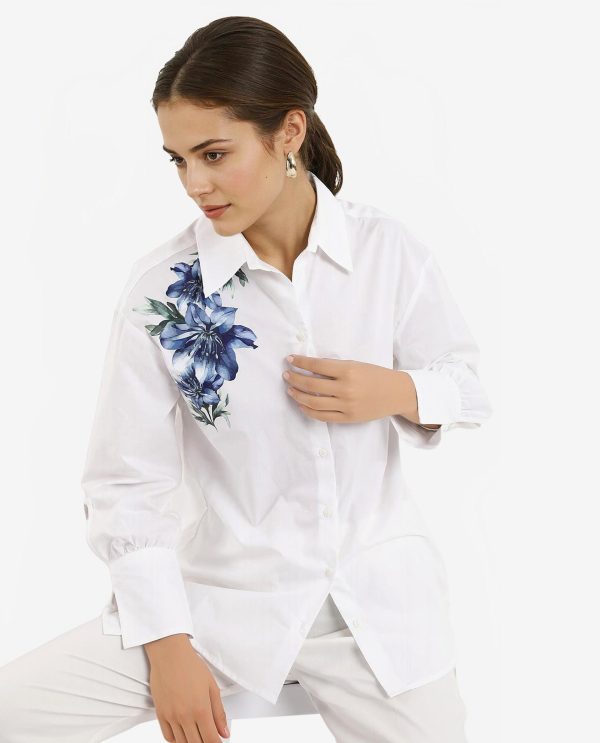 White Cuffed Sleeve Collared Neck Floral Print Shirt