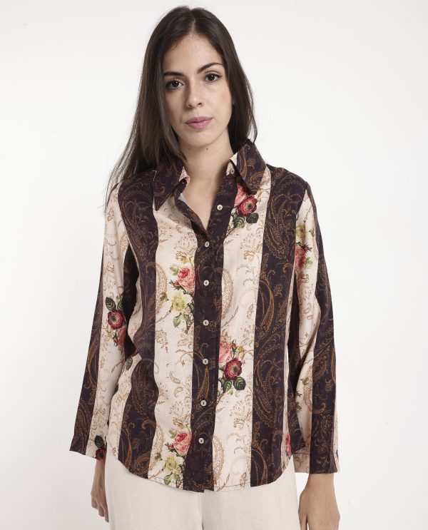 Multicolor Collar Button Paisley Print Top