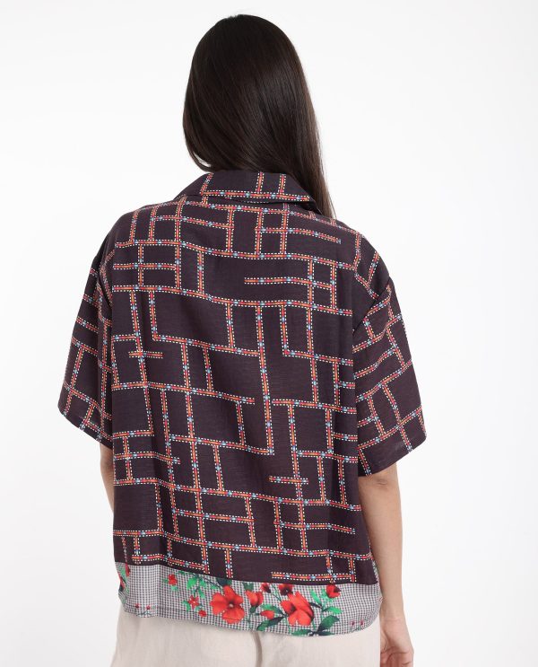 Brown Short Sleeve Collared Collar Button Boxy Fit Abstract Print Top