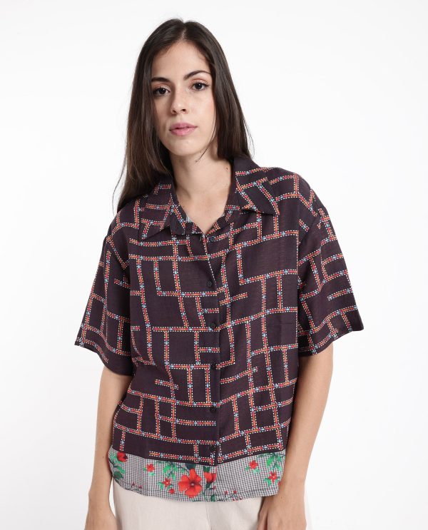 Brown Short Sleeve Collared Collar Button Boxy Fit Abstract Print Top