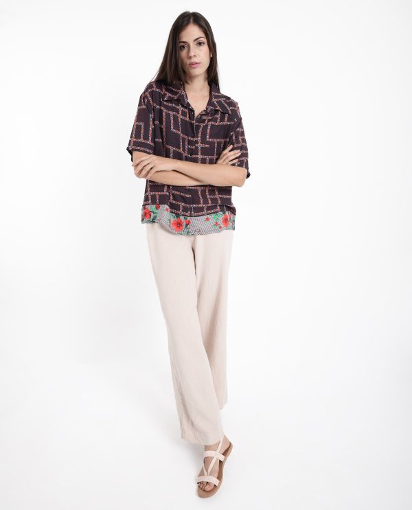 Brown Short Sleeve Collared Collar Button Boxy Fit Abstract Print Top